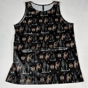 TWO 2 FLY Tank Top Saddle Buster Tank Western Print Brown Textured Knit